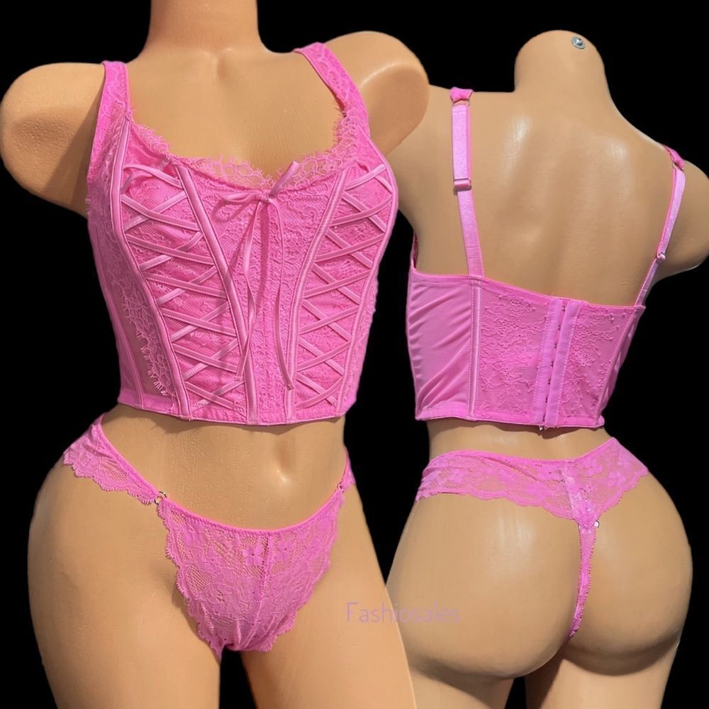 Victorias Secret Dream Angels Lace-up Corset Top Bra & thong panty Set Neon Pink